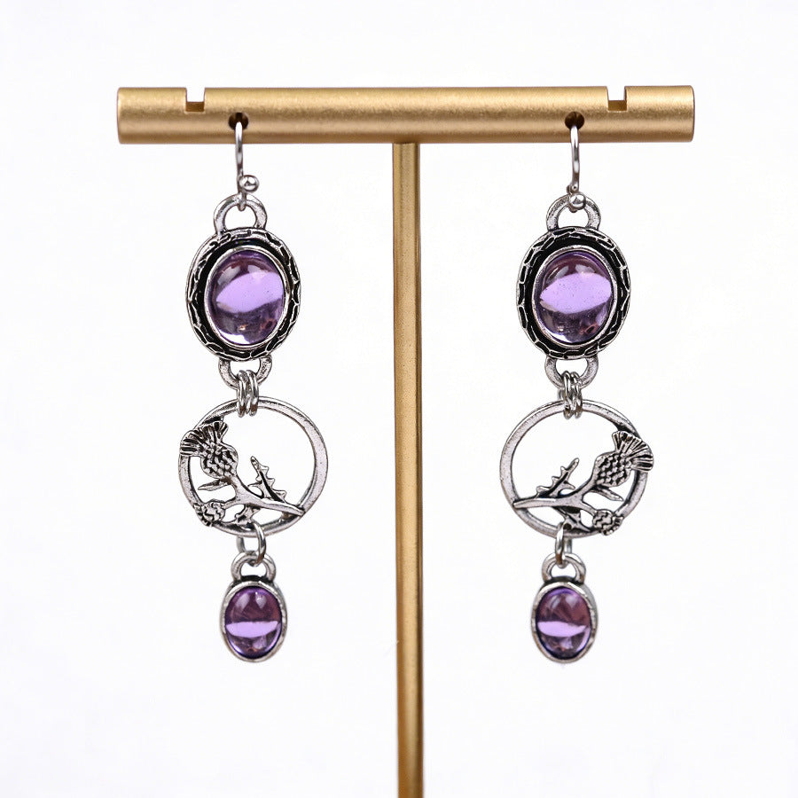 Wholesale European and American Fashion Noble and Mysterious Purple Gemstone Pendant Geometric Branch Circle Earrings Elegant Vintage Earrings