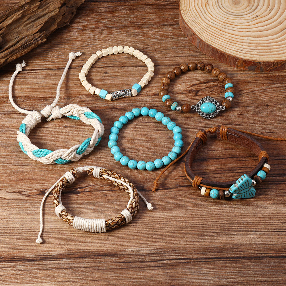 Wholesale Bohemian Men S Six Layer Leather Wood Bead Bracelet Butterfly Design Stylish Jewelry Accessory Everyday Party Gift For Boutique Resale