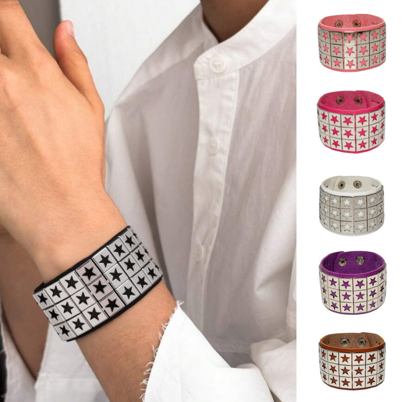 Wholesale Punk Style Leather Bracelet with Five-Pointed Star Rivet for Couples Men' s Fashion Accessory