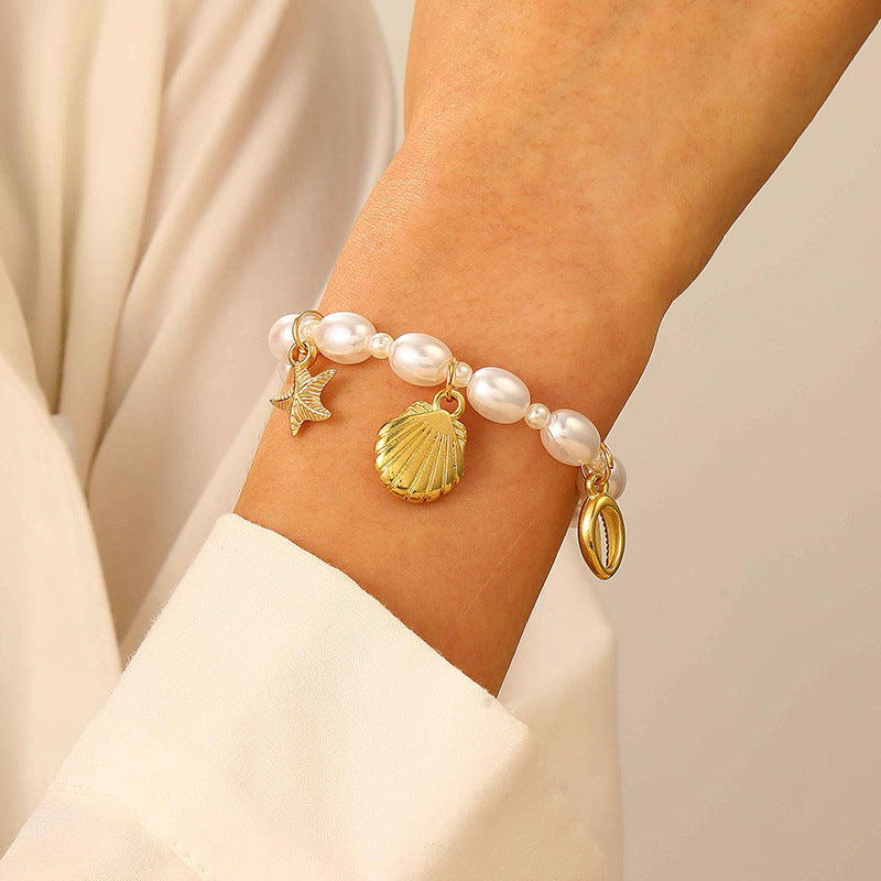 Wholesale Gold Tone Imitation Pearl Starfish Shell Bracelet For Women Ocean Beach Fashion Jewelry Gift