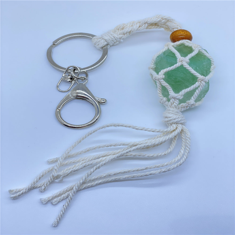 Wholesale Crystal Raw Stone Woven Mesh Pocket Keychain Natural Stone ACC-KC-Nius001