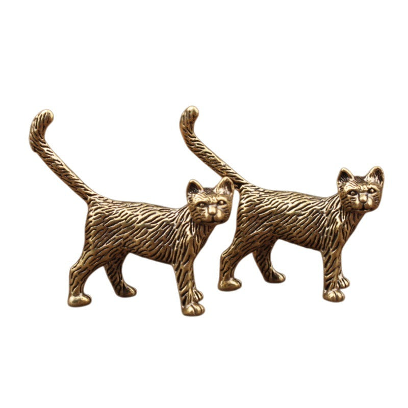 Wholesale Brass Cat Figurine Long-Tailed Chinese Style Retro Home Decor Decorative Accent