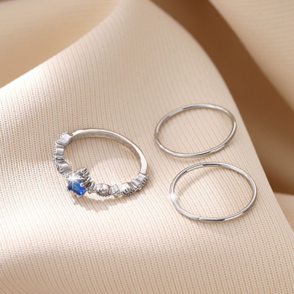 Wholesale  three-piece set copper inlaid shiny blue zircon ring