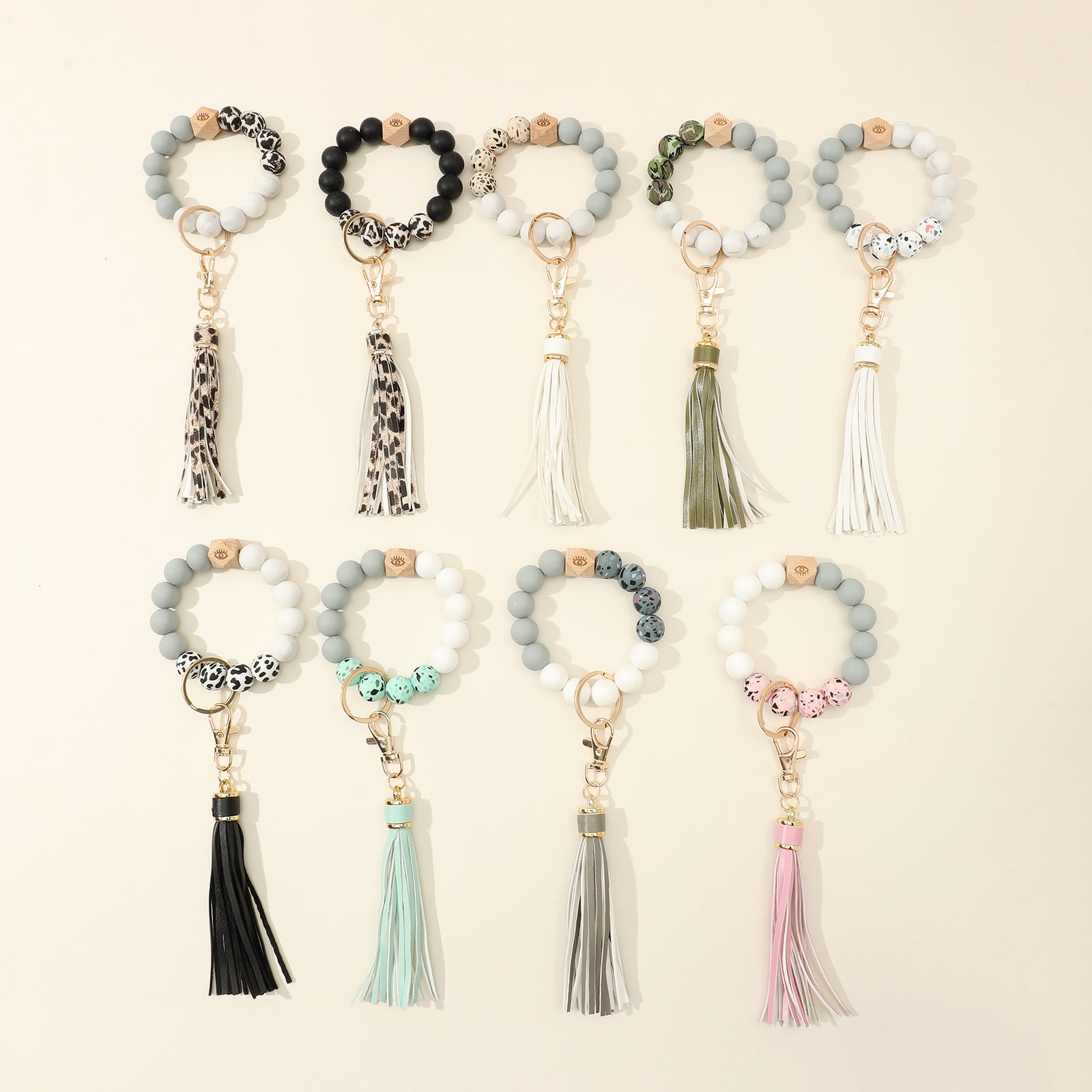 Wholesale Silicone Beads Bracelet Wooden Beads Keychain Wristlet Keychain ACC-KC-Jinz003