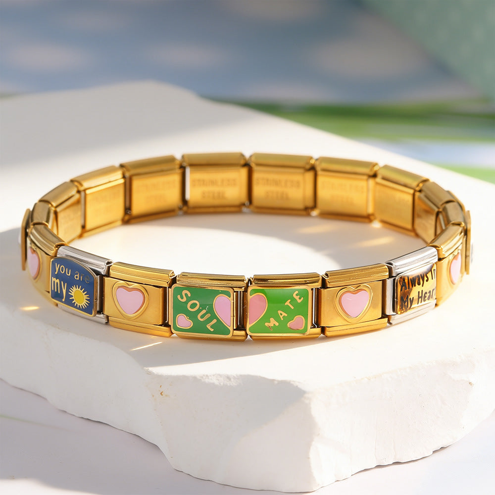 Wholesale Love Module Enamel Bracelet Set,  Gold-Plated Stainless Steel Chain