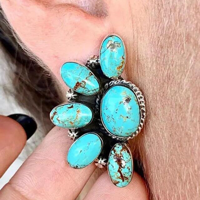 Wholesale  Bohemian style retro geometric flowers inlaid turquoise exaggerated earrings earrings