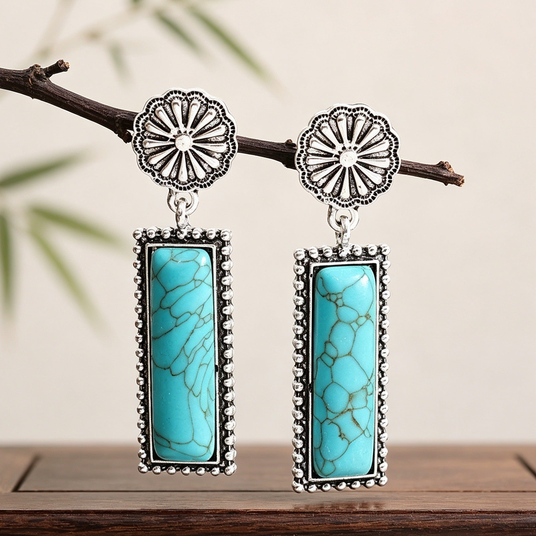 Wholesale Retro Bohemian Turquoise Carved Flower Earrings For Women Vintage Rectangle Stud Jewelry Fashion Accessory Gift