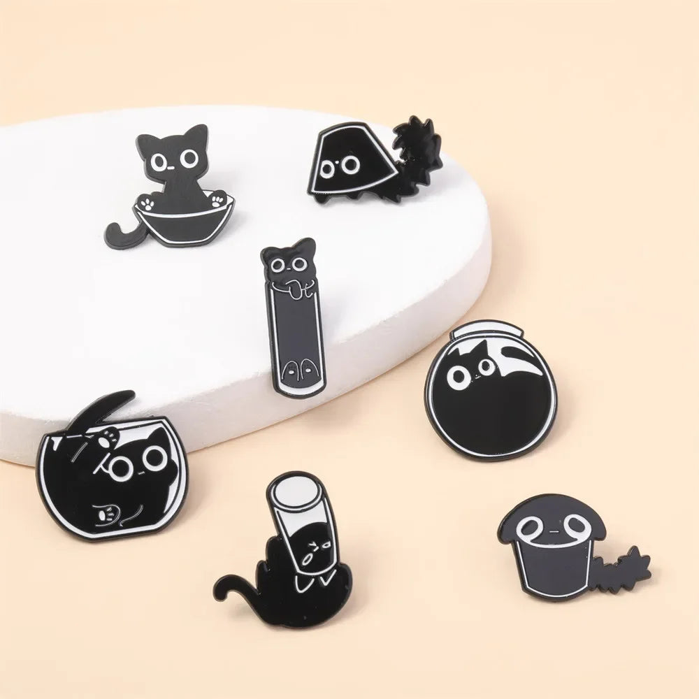 Wholesale  Cute  Cat Chest Pin Cartoon Fuzzy Little Black Cat Alloy 7 Piece Set Brooch