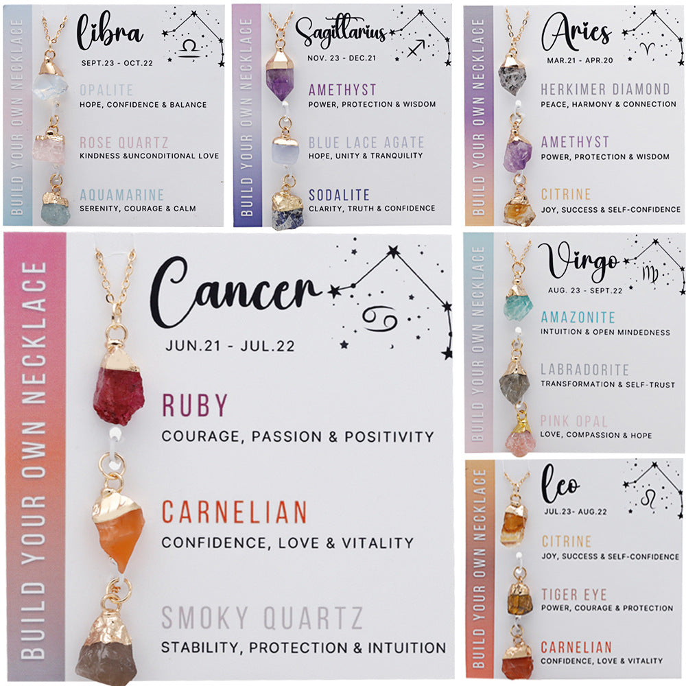 Wholesale Natural Stone Crystal Cards Stainless Steel Birthstone Twelve Zodiac Signs Necklace Set ACC-NE-ZhuangZ001