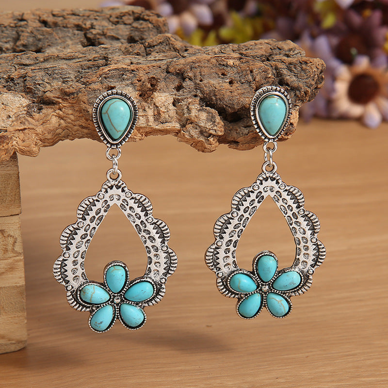 Wholesale Western Style Vintage Flower Turquoise Alloy Earrings ACC-ES-SaiPu004