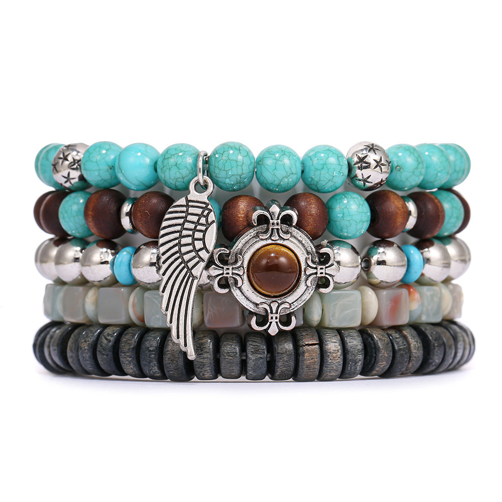 Wholesale Wooden turquoise evil eye heart and bull head beaded bracelet