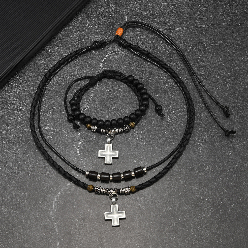 Wholesale Vintage Alloy Cross Wax Rope Sweater Chain Necklace Set