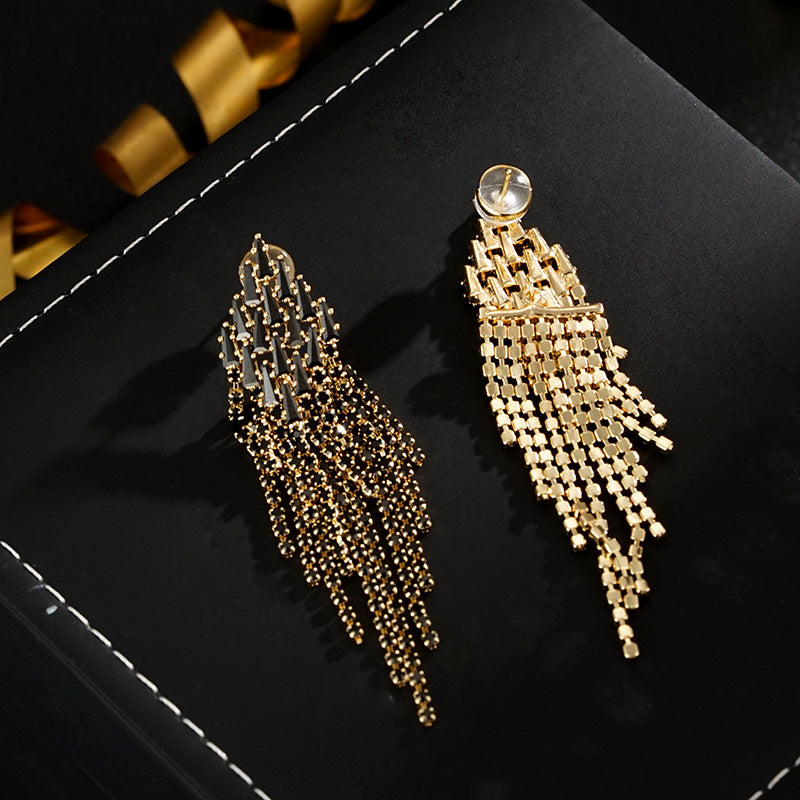 Wholesale 925 Silver Needle Light Luxury Geometric Zircon Long Tassel Earrings
