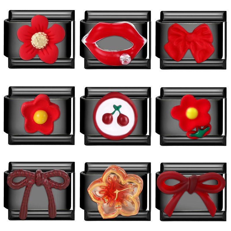 Wholesale DIY Black Stainless Steel Bracelet with Red Flowers,  Bow,  Cherry &  Lip Patchwork - Fashion Accessory