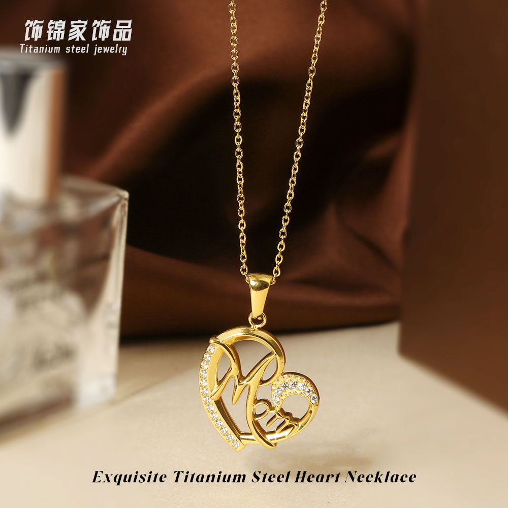 Wholesale Mother' s Day Titanium Steel Heart-Shaped Pendant Necklace with Zircon Inlay