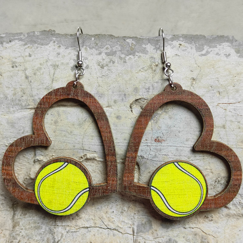 Wholesale Heart Shaped Sports Fan Earrings Wooden Geometric Hollow Dangle Earrings Stylish Fashion Accessory Gift