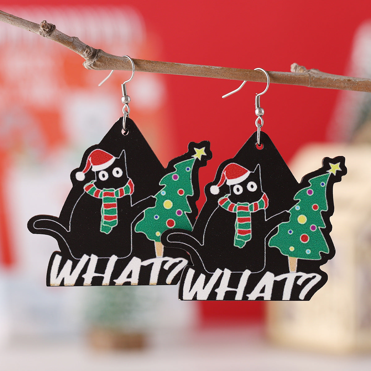 Wholesale Christmas Lantern Black Cat Christmas Tree Pendant Earrings Wooden