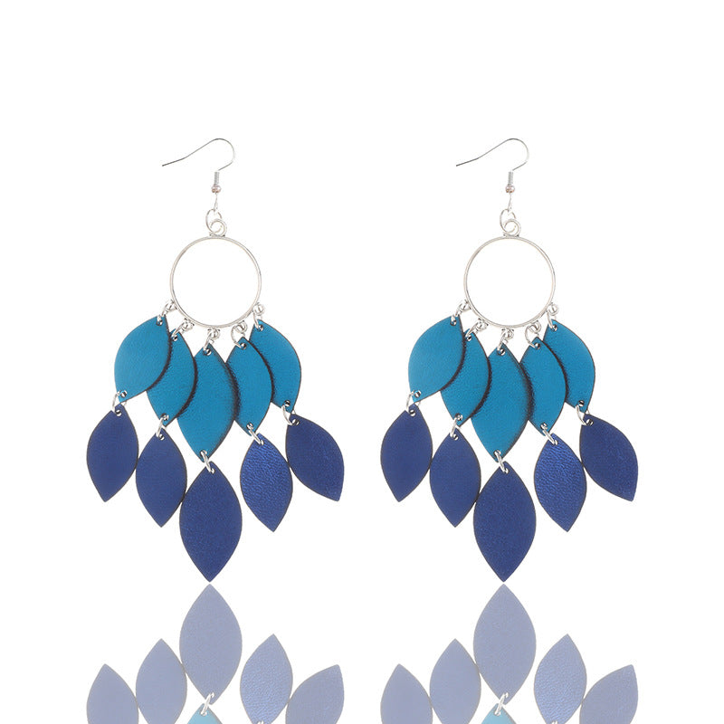 Wholesale  Bohemian Style Whole Feather Shape Small Leaf Light Blue Dark Blue PU Leather Earrings