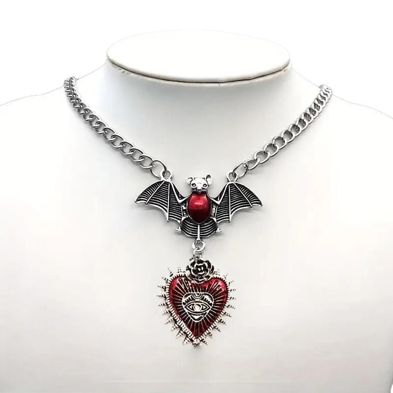 Wholesale Gothic Vampire Bat Pendant Necklace,  Red Blood Mirror Design,  Trendy Jewelry Accessory