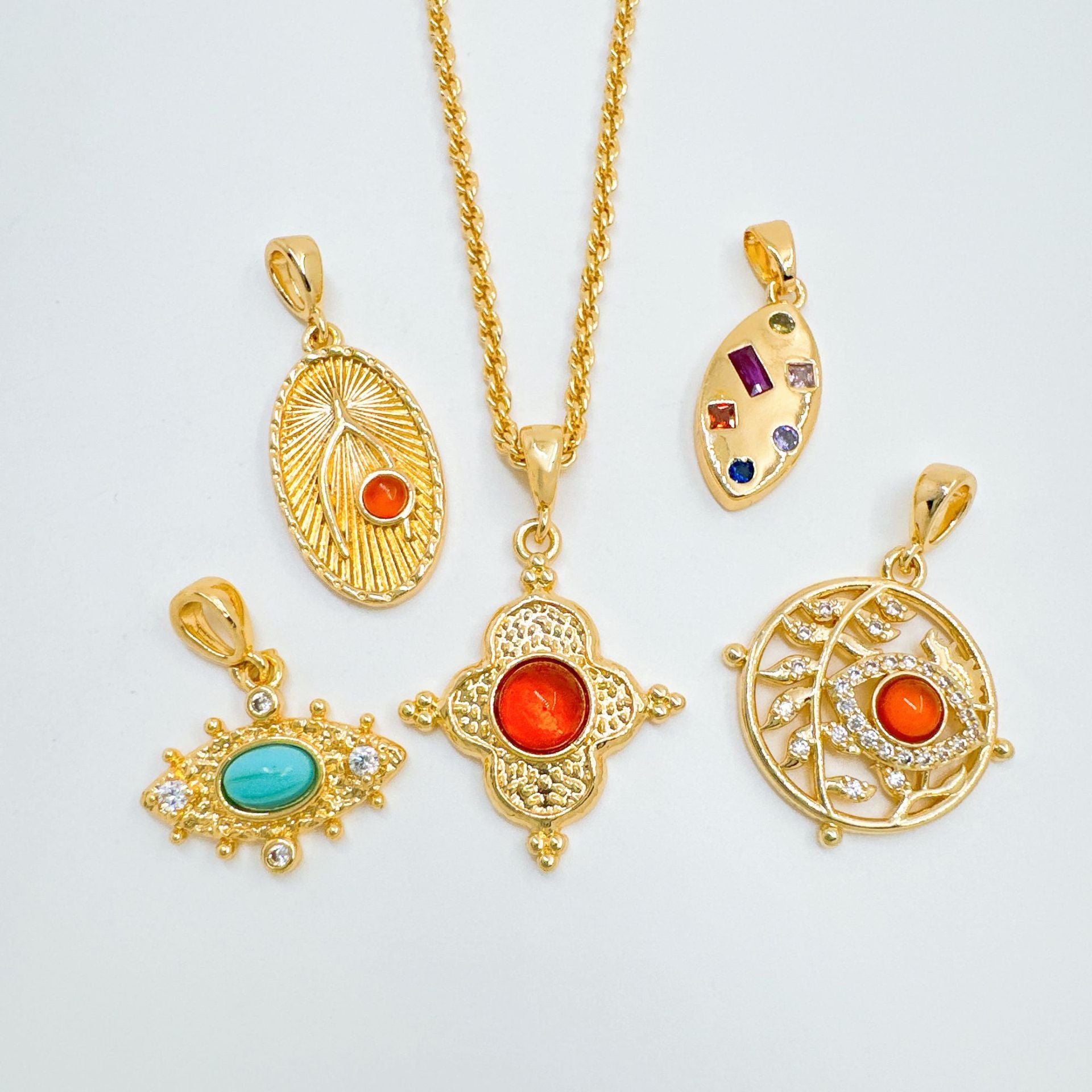 Wholesale Retro Geometric Evil Eye Pendant Necklace Copper Zircon Gold Plated DIY Jewelry Making Accessory Trendy Gift