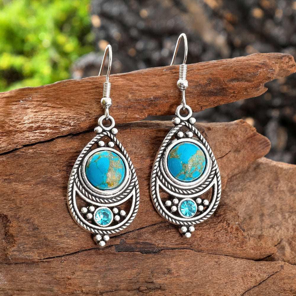 Wholesale Antique Finish Alloy Drop Earrings,  Bohemian French Style Turquoise Inlay Women' s Fashion Jewelry