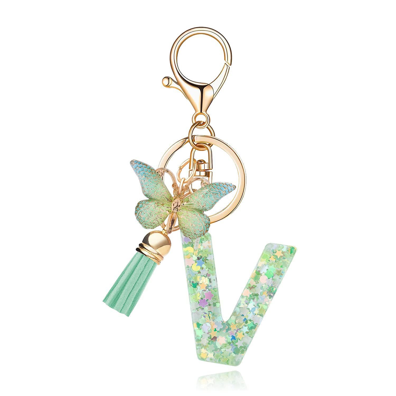 Wholesale 26 letter keychain green butterfly glue keychain