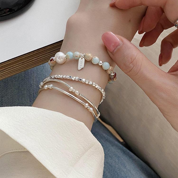 Wholesale Retro Colorful Stone Pearl Broken Silver Bracelet with Simple Personality Silver Bracelets ACC-BT-Mengx002