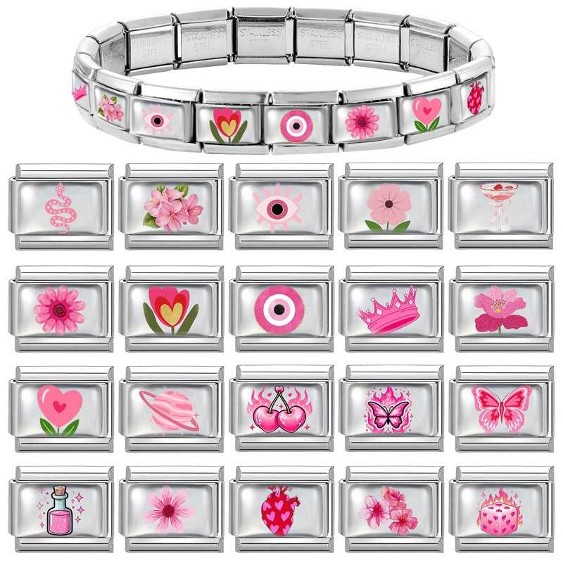 Wholesale Italian Charm Bracelet 9mm DIY Colorful Element Pink Pattern  Creative Stainless Steel Composable Bracelet