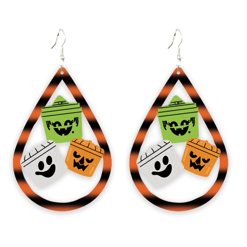 Wholesale 2 pairs/pack  Halloween Ornaments Cute Ghost Candy  Wooden Printed Earrings