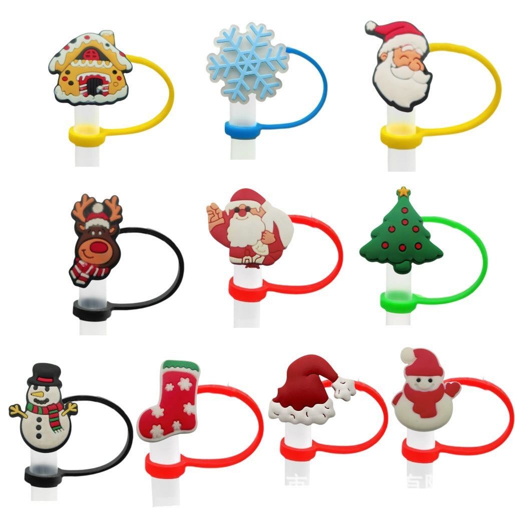 Wholesale 10pcs Christmas themed food grade silicone Straw Cover Straw Tube Cap