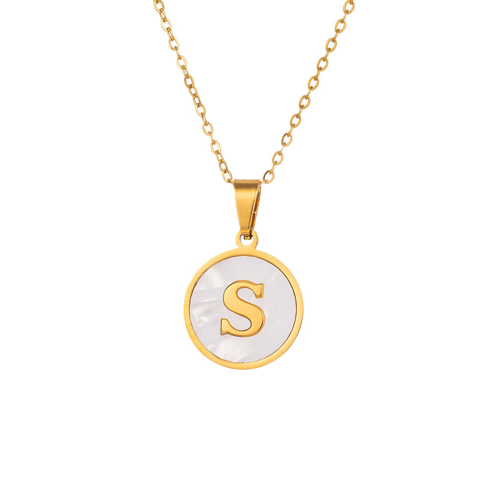Wholesale Titanium Steel Necklace White Small Round Plate Letter Necklace ACC-NE-XuHao003