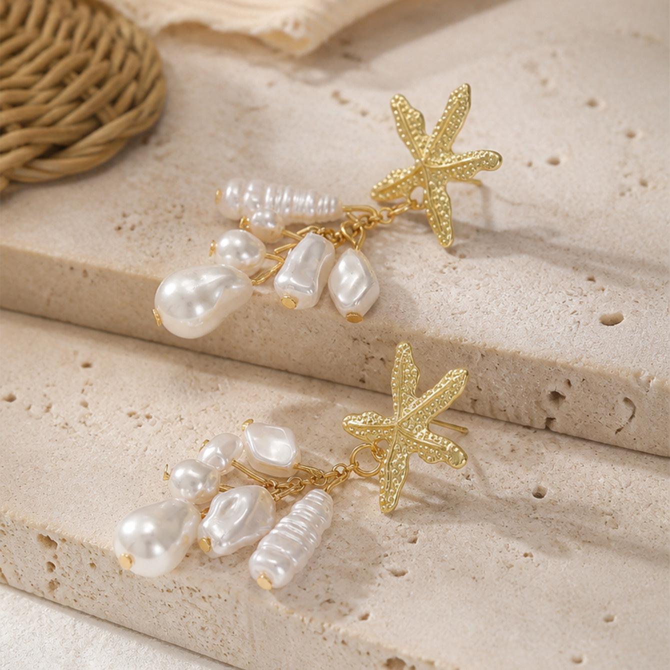 Wholesale Trendy Shell Starfish Tassel Earrings For Women Gold Tone Imitation Pearl Everyday Wear Boutique Gift