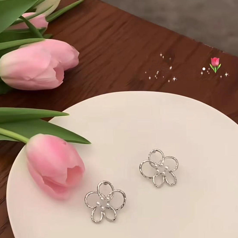 Wholesale 925 silver needle tinfoil shell pearl flower earrings