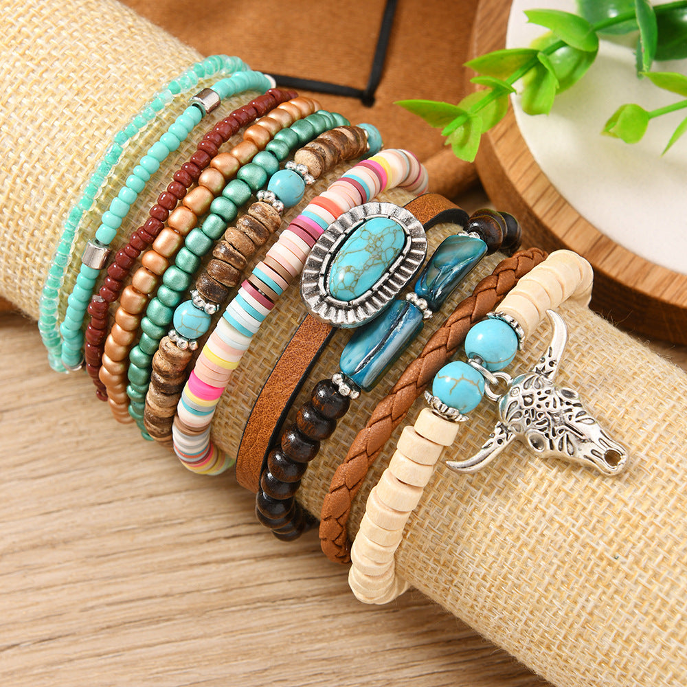 Wholesale Alloy bull head polymer clay nut shell woven multi-layer bracelet