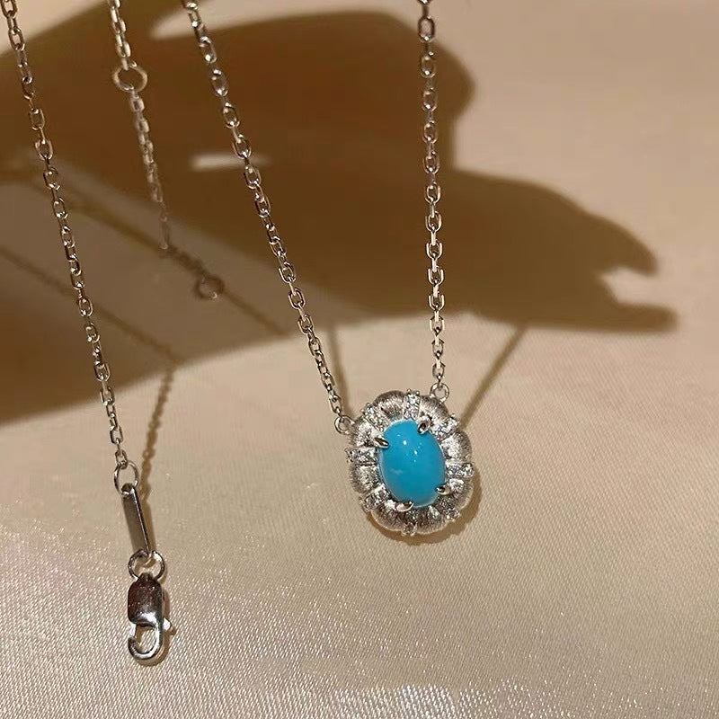 Wholesale French Retro Brushed Oval Turquoise Necklace Copper Inlay - Boutique Resale