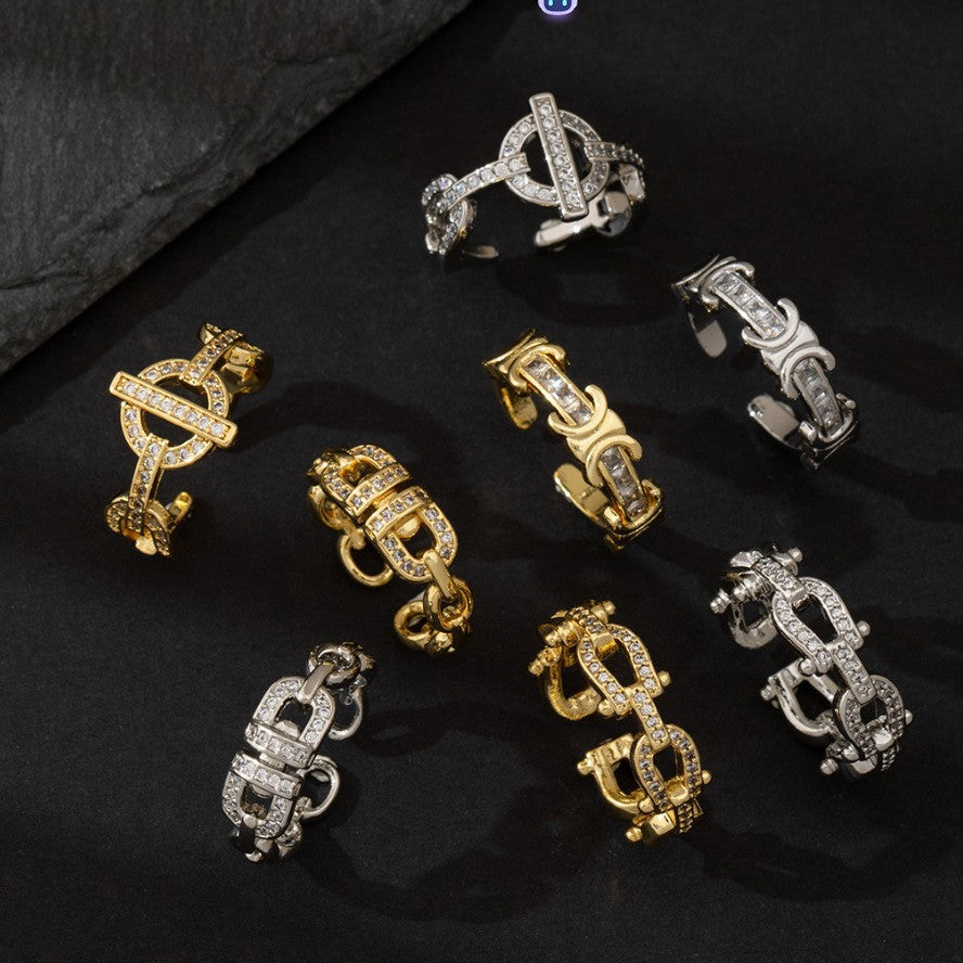Wholesale European American Style Horseshoe Buckle Zircon Open Ring Gold Plated Copper Fashion Jewelry Accessory Gift Boutique Resale