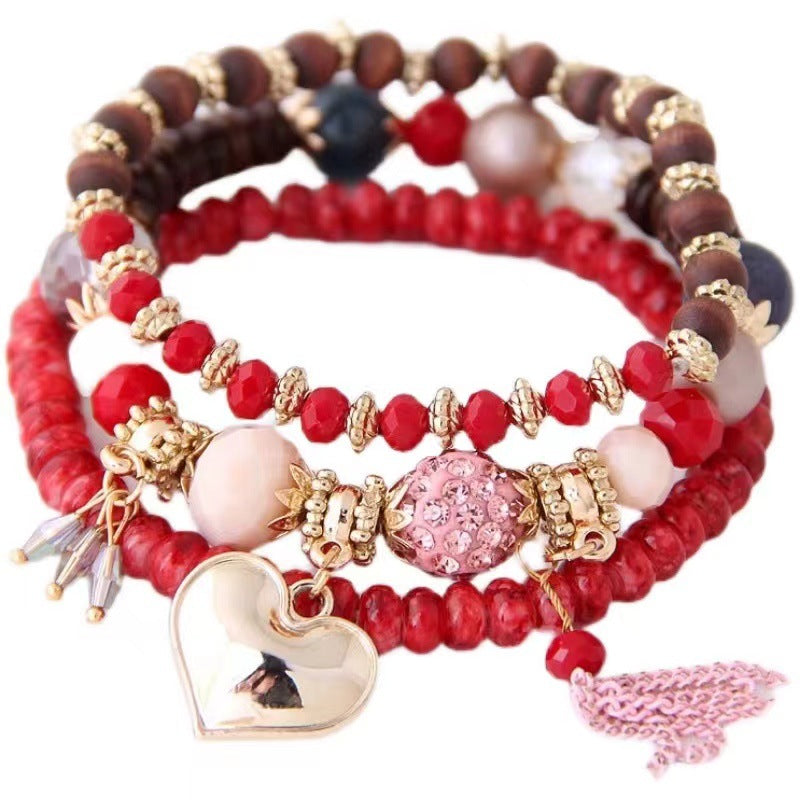Wholesale Peach Heart Tassel Ball Bead Love Bracelet Retro Multi-piece Set Ethnic Style Hand Jewelry ACC-BT-Weiy028