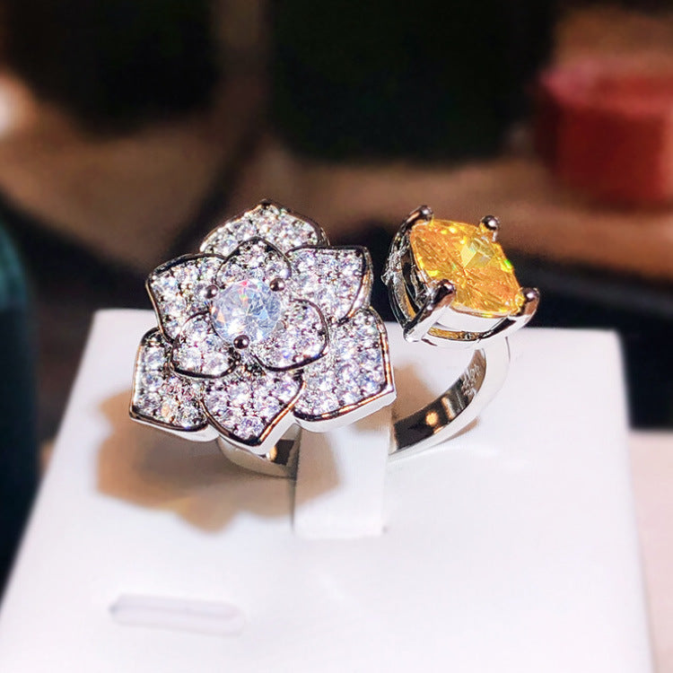 Wholesale  Golden zircon flower rose flower full diamond  ring