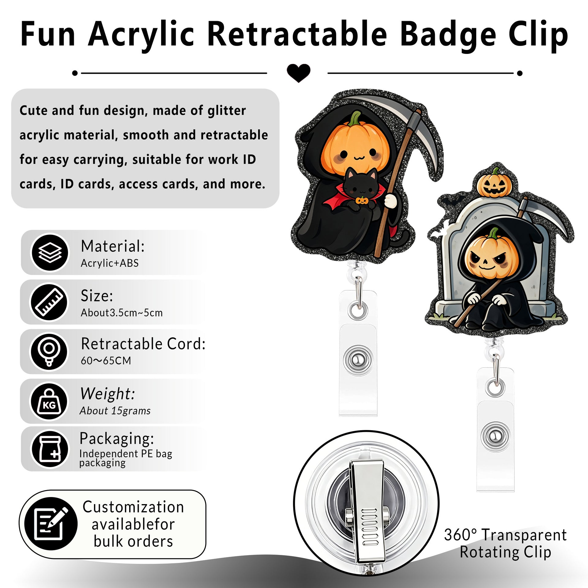 Wholesale  Glitter Acrylic Retractable ID Badge Holder Pumpkin Ghost Design Decorative Gift Accessory
