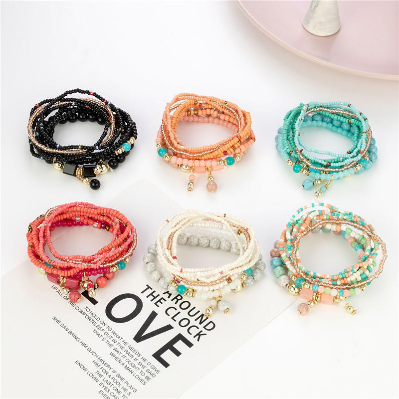 Wholesale Bohemian Ethnic Style Multi-Layer Beaded Bracelet Set,  Acrylic Stone Beads,  Fashion Jewelry Accessory for Women,  Gift Boutique Resale
