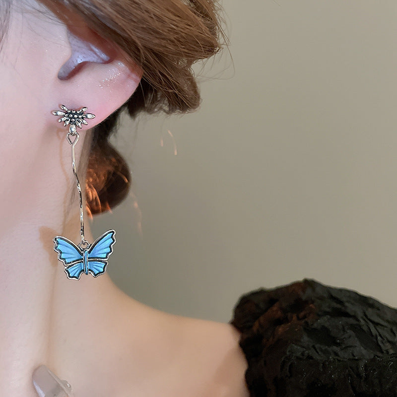 Wholesale  Oil Dropping Old Butterfly Metal Flower Silver Pin Earrings