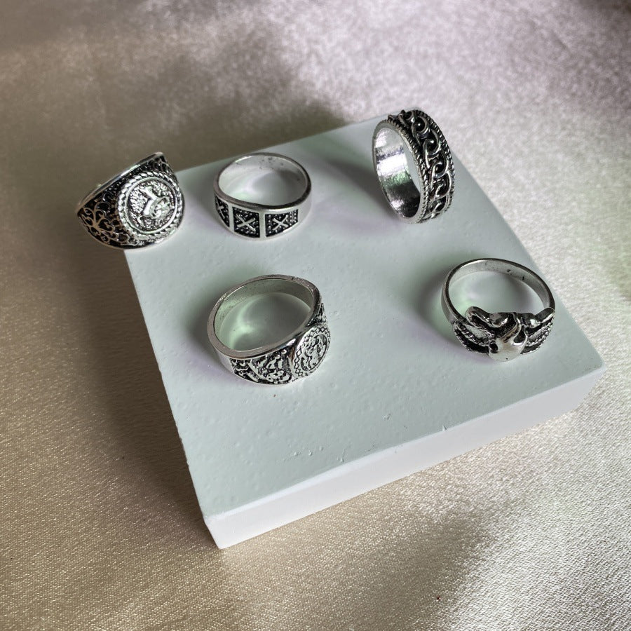 Wholesale Metal Ring Retro Style Design Totem Geometry Couple Ring 5-piece Set