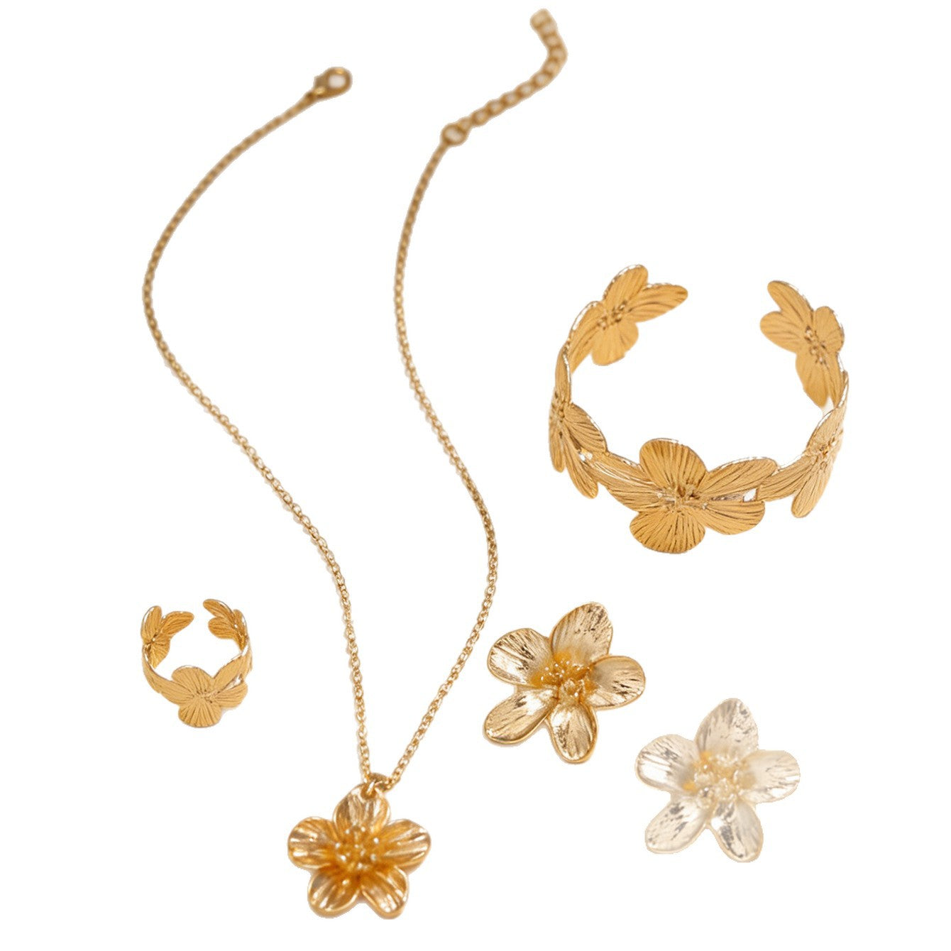 Wholesale Gold Camellia Flower Jewelry Set Necklace Earrings Bracelet Party Wear Boutique Resale