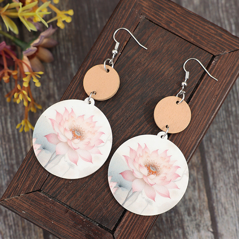 Wholesale Round stitching printed flower vintage acrylic earrings