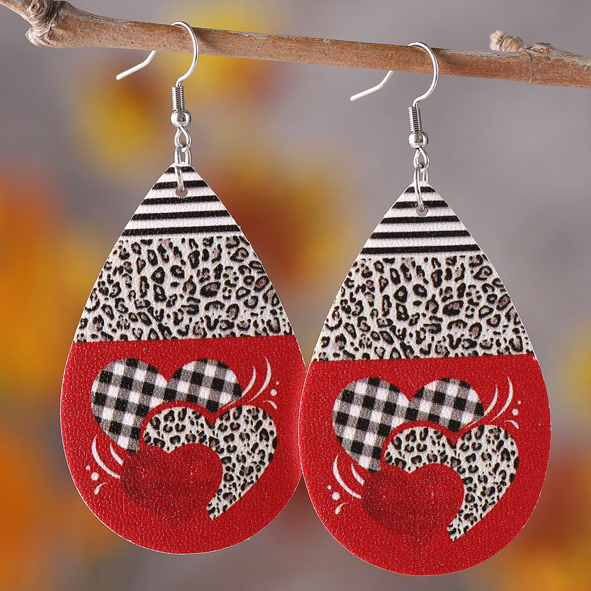 Wholesale PU leather Valentine' s Day earrings with letters leopard print and heart design