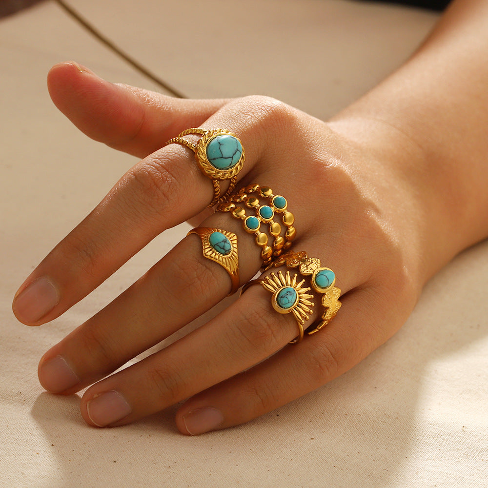 Wholesale Vintage Turquoise Open Ring Gold Plated Titanium Steel Fashion Jewelry Accessory