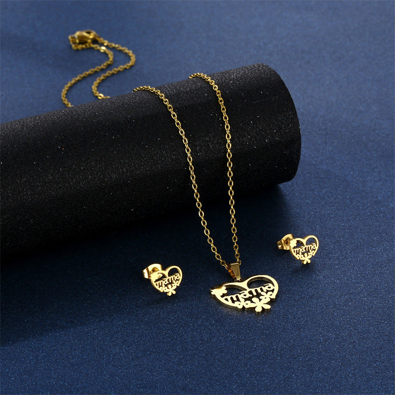 Wholesale MAMA Flower Stainless Steel Earrings Necklace Set Mother's Day Titanium Steel ACC-ES-MinM028