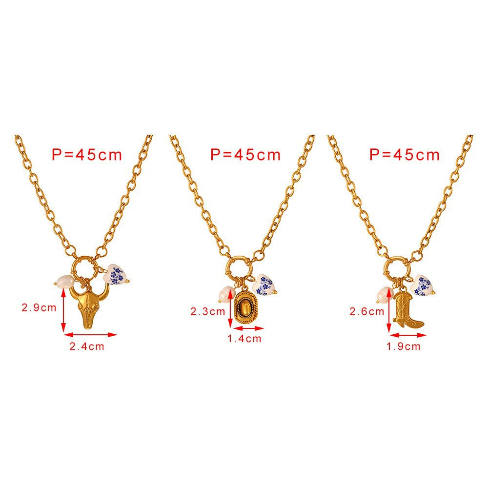 Wholesale Western cowboy boots titanium steel bull' s head  Necklace