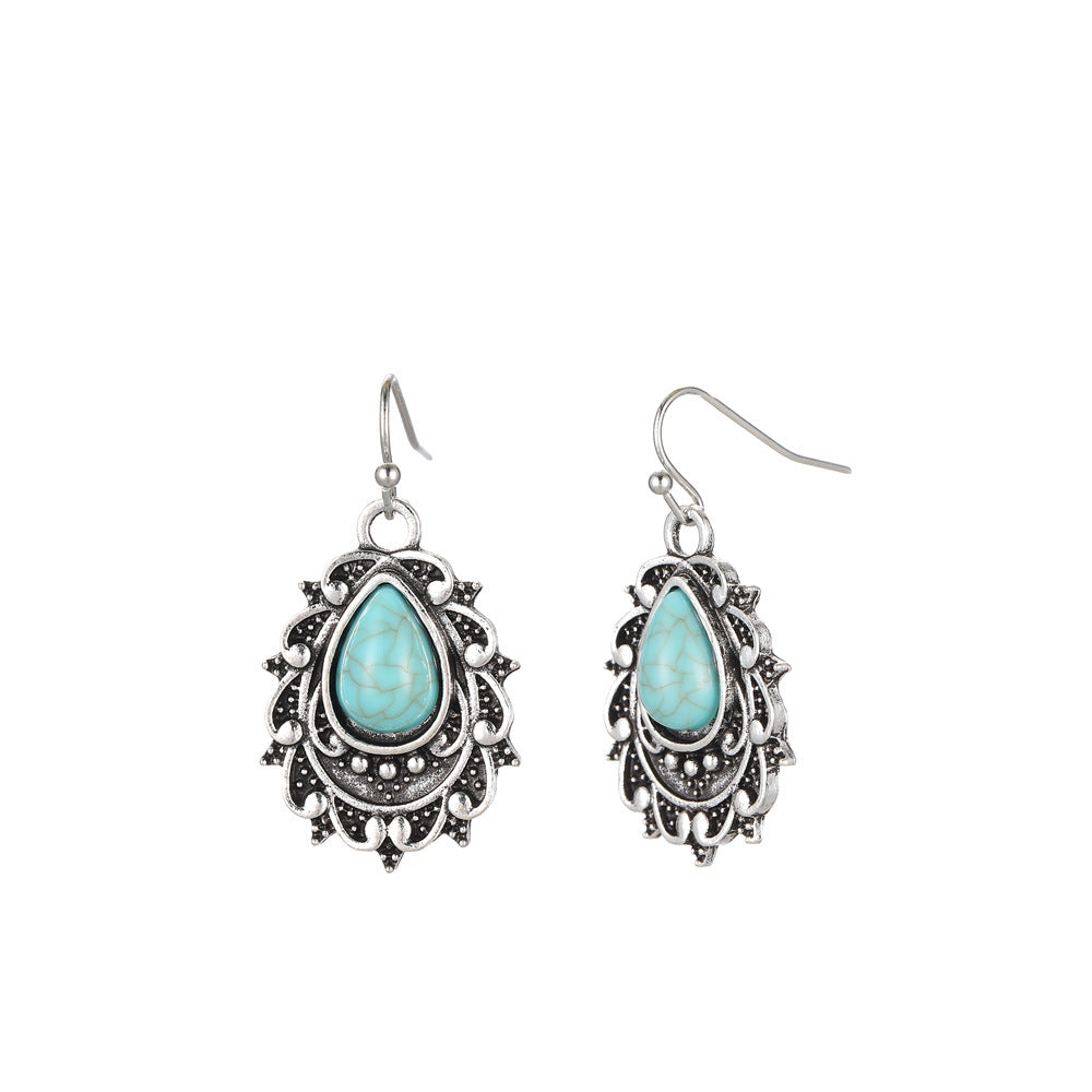 Wholesale Bohemian turquoise teardrop shaped carved earrings