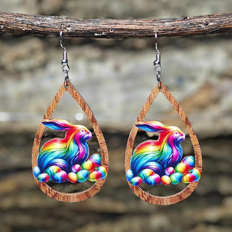 Wholesale Easter Earrings Cute Colorful Rabbit Egg Hollow Wooden Earrings